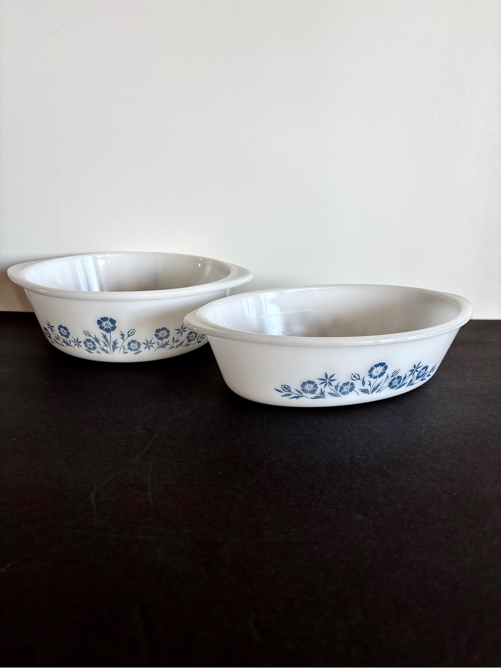 Vintage Glassbake Milk Glass Maid of Honor Blue Floral Bowl and Casserole Dish